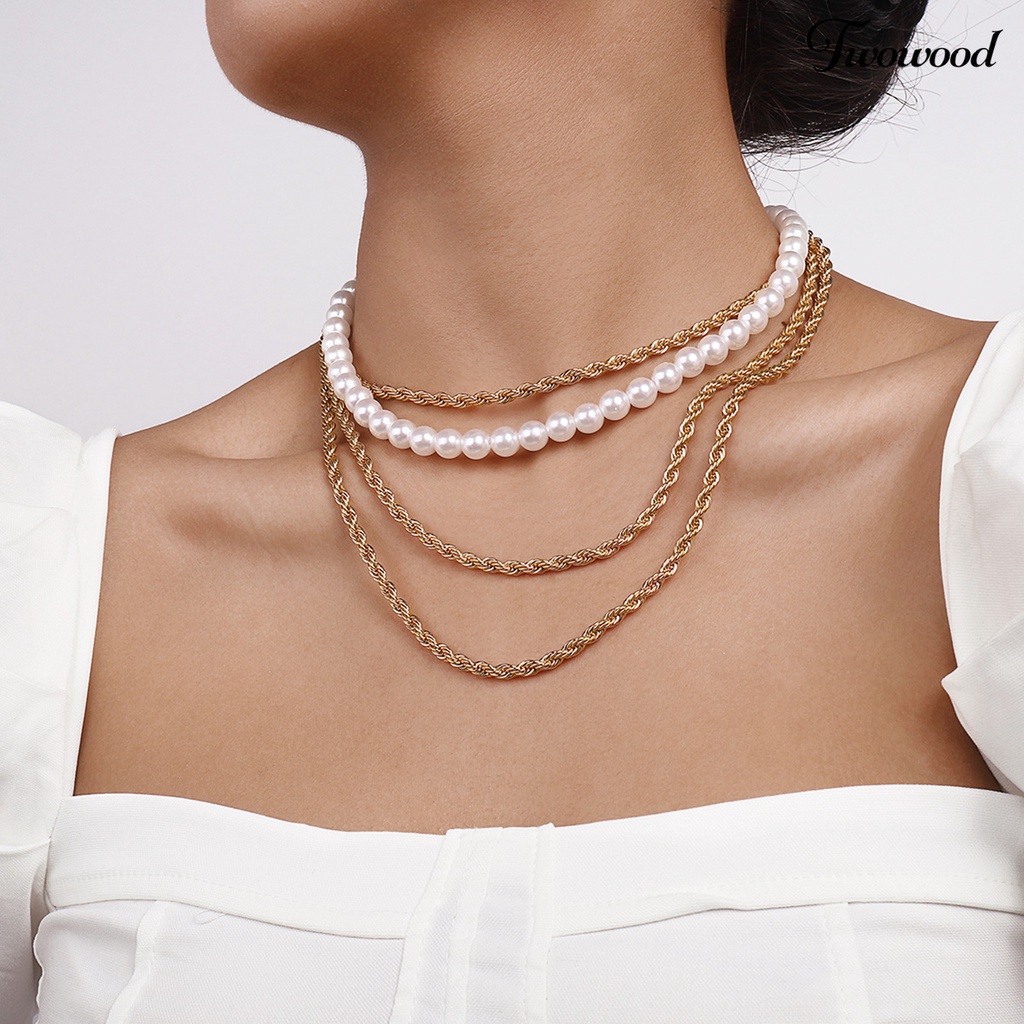 2pcs Kalung Multilayer Aksen Mutiara Imitasi Untuk Wanita