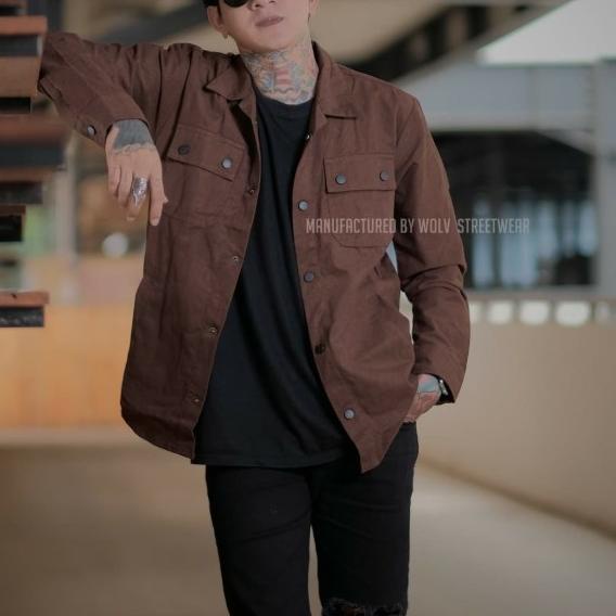 Jaket Trucker Kemeja Semi Parka Wolv Hitam Army Maroon Coklat Premium - Hijau, L