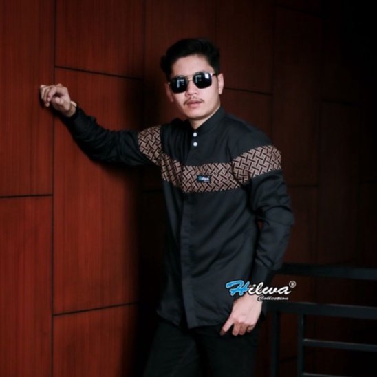 Kemeja Baju Koko Pria Lengan Panjang Hitam Putih Kombinasi Batik Seragam Hadroh S M L XL XXL Jumbo M