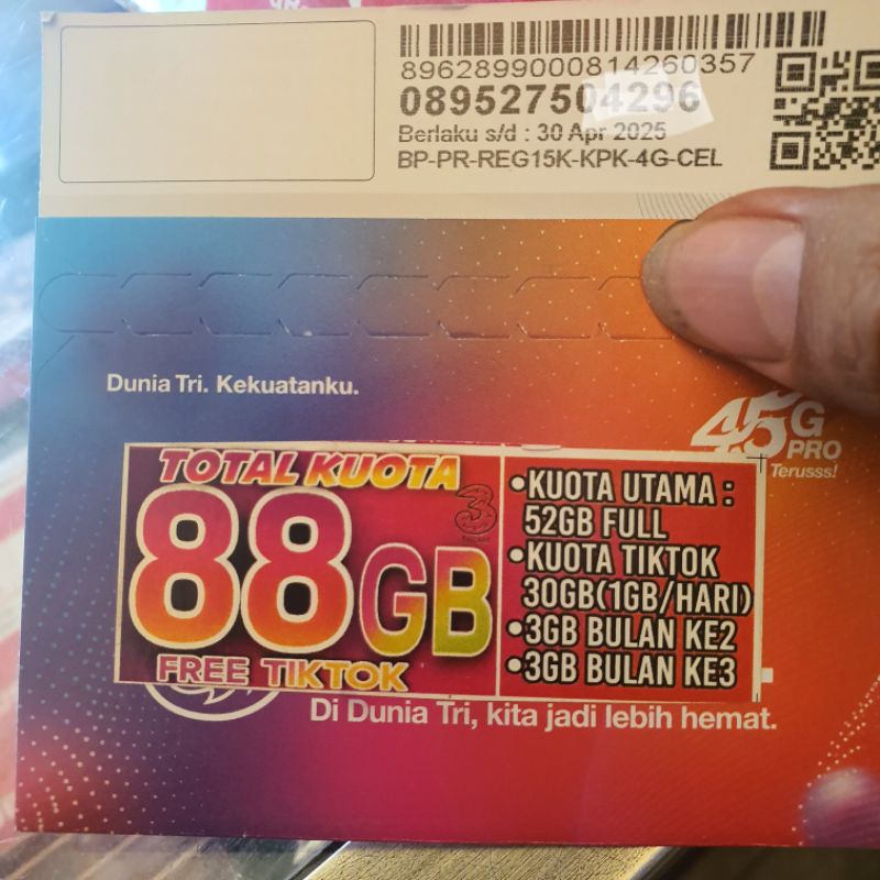 Kartu Perdana Tri 88GB , PM4 Atau 52Gb Full Sulawesi Free Youtube