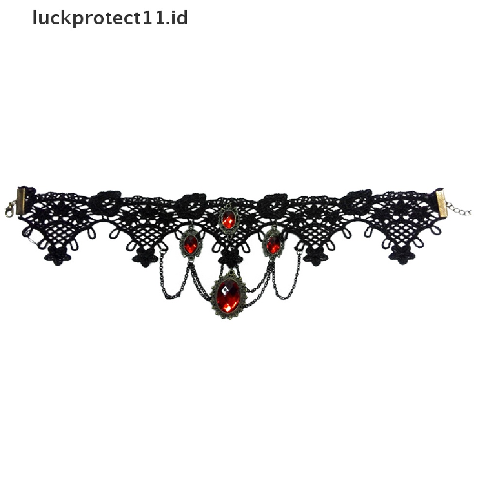 Kalung Choker Lace Hitam Aksen Kristal Merah Untuk Wanita