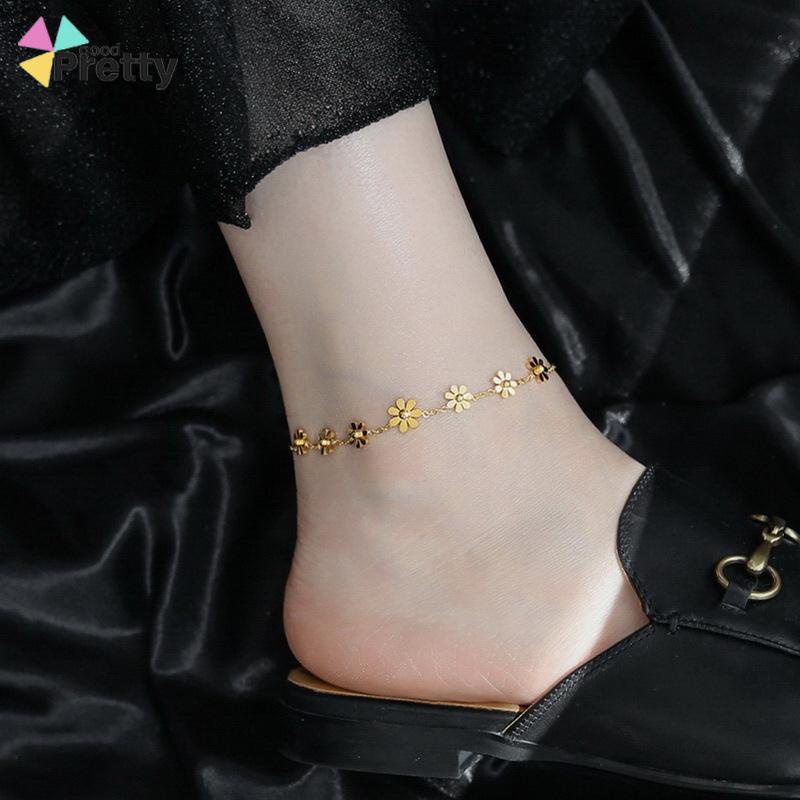 Gelang Kaki Titanium Anti Karat Daisy Bunga Kamelia Emas 18k Perhiasan Wanita Korea - PD