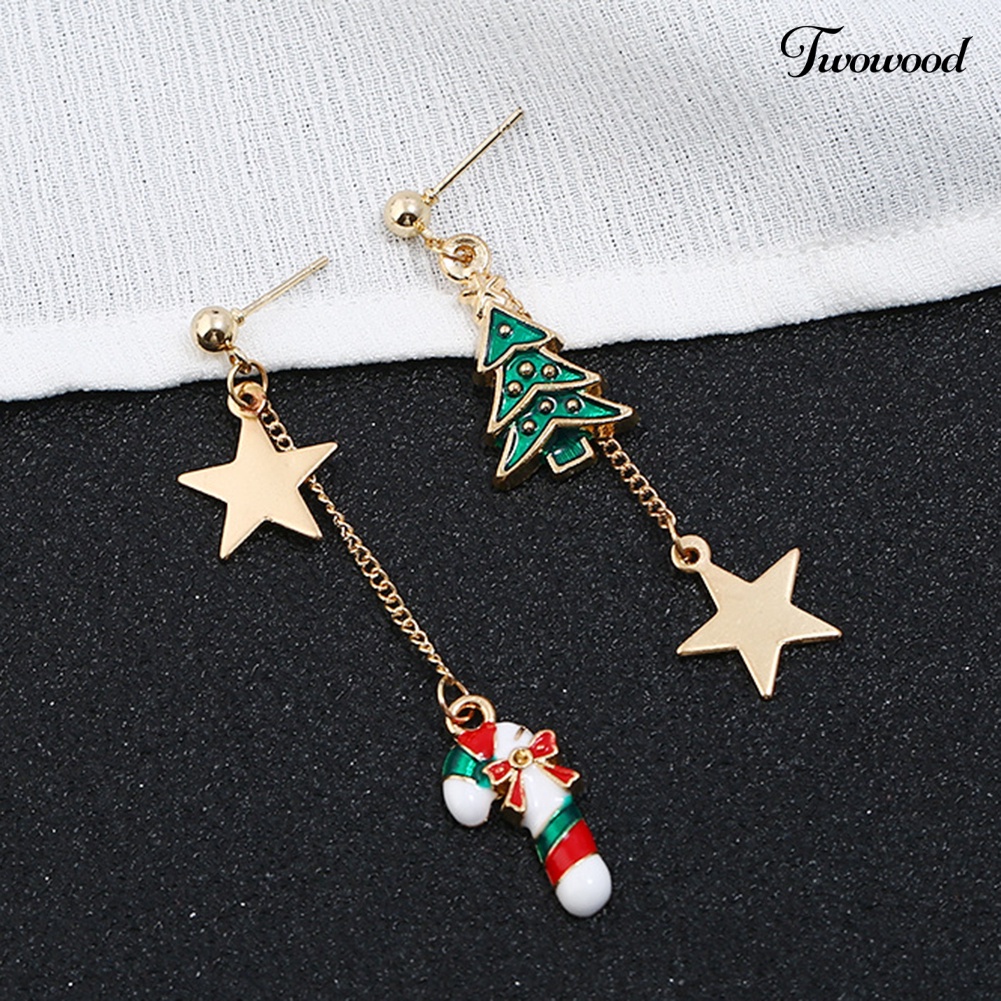 Anting Stud Asimetris Desain Pohon Natal Bintang Untuk Wanita