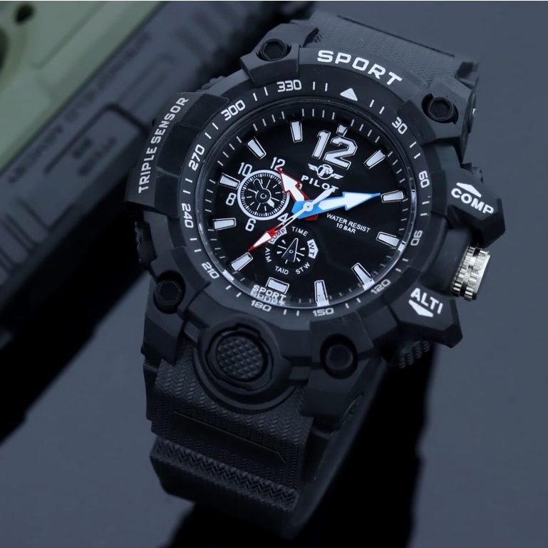Jam tangan pria PILOT P9000 Strap Karet Water proof Free Batrai