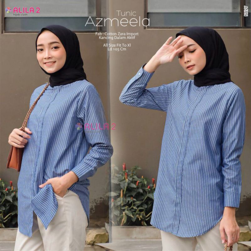 BAJU KANTOR KERJA OFFICE NGANTOR SALUR BIRU BERKERAH KEMEJA PEREMPUAN LENGAN PANJANG AZMEELA TUNIK A
