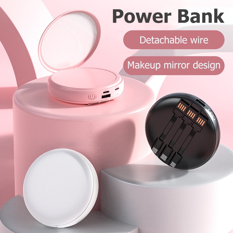 Mirror Powerbank Mini 10000mAh with Makeup Mirror Fast Charging Power Bank For iPhone Type-c Micro USB Battery Usb 50000mah 20000mah Powerbank Mini Solar Powerbank Protable Pengisian Cepat dengan Cermin Rias