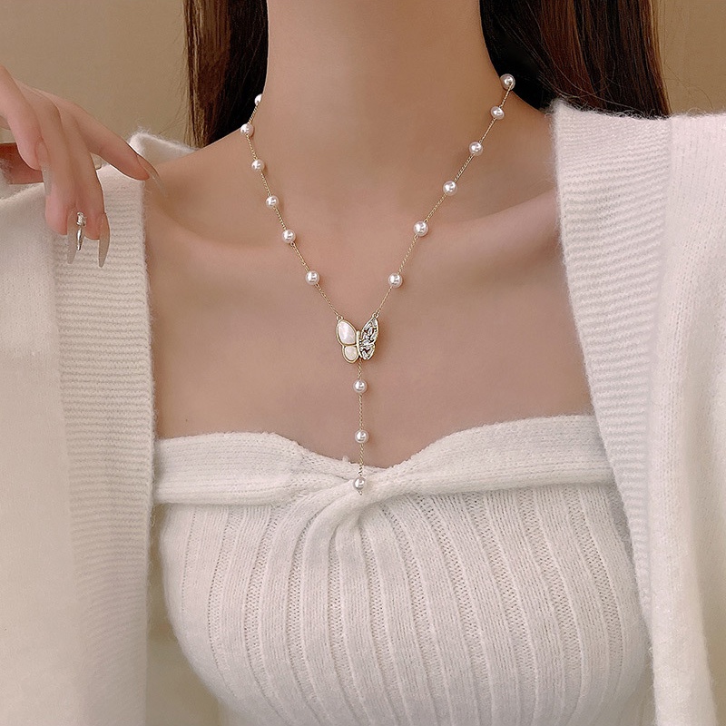Kalung Rantai Panjang Dengan Liontin Kupu-Kupu Aksen Mutiara + Batu Zircon Mewah Untuk Wanita
