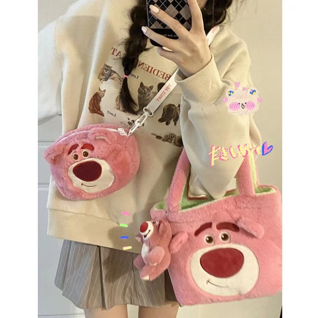 Suhao strawberry bear bag female 2022 fashion trendi baru tas mewah lucu tas jinjing tangan tas berbulu