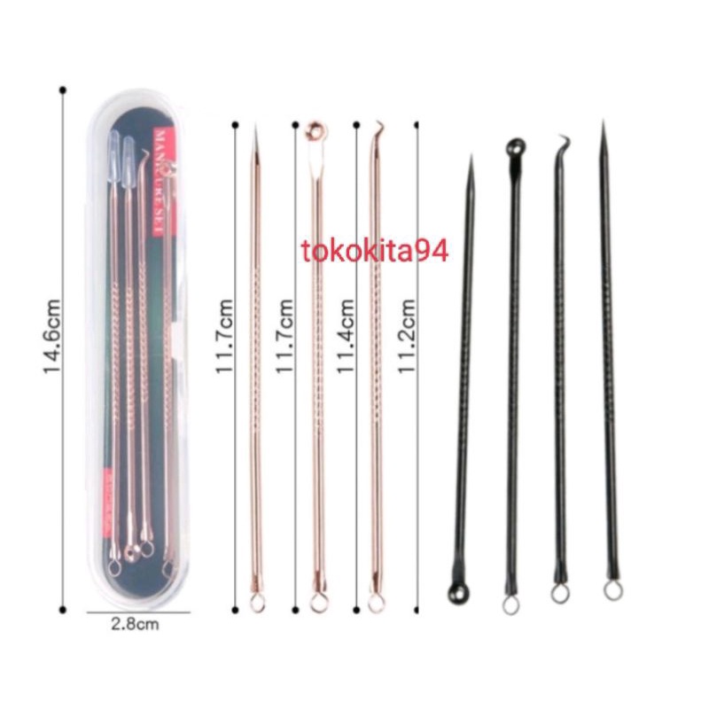 (Jakarta)Pinset Komedo Set 4 in 1 Free Kotak Stainless Steel 1Set isi 4 Pcs - Pencet Jerawat- Blackhead