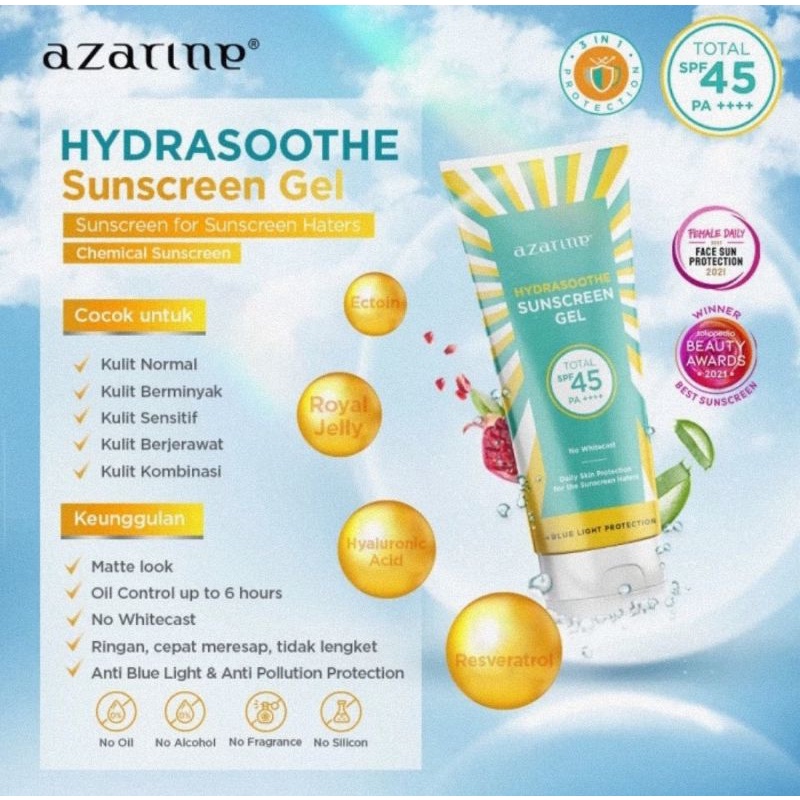 Azarine Hydrasoothe Sunscreen Gel SPF 45 PA++++ Ukuran 50 ml