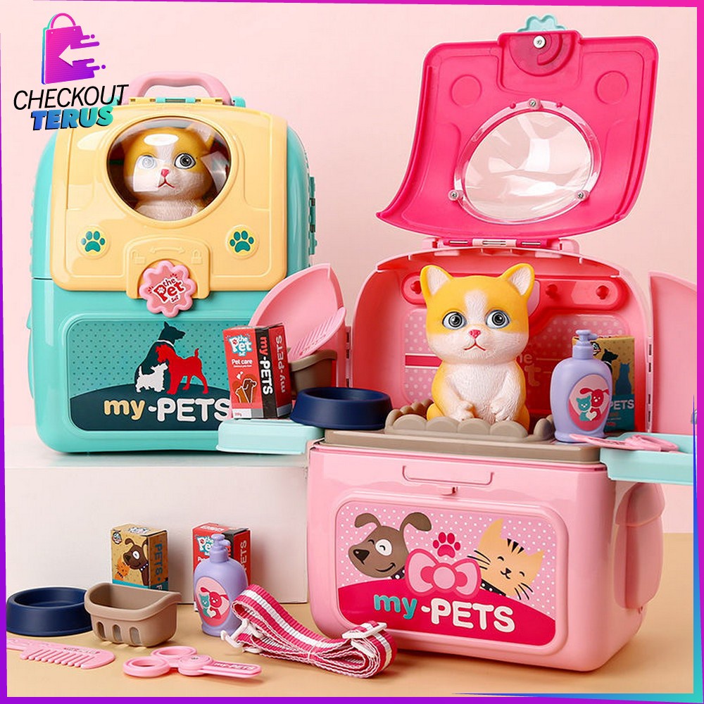 CT M292 M293 Mainan Koper Backpack Set Ransel Pet Simulasi Kucing dan Anjing Maenan Tas Make Up Anak