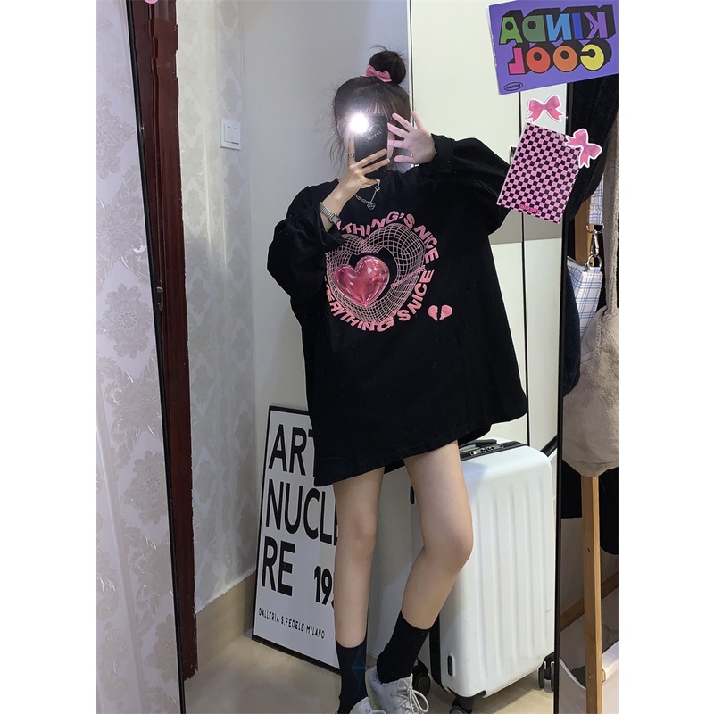 EUNII Sweater Lengan Panjang Pink Heart Korean Style/Hoodie Oversize/Baju Wanita/Switer Wanita