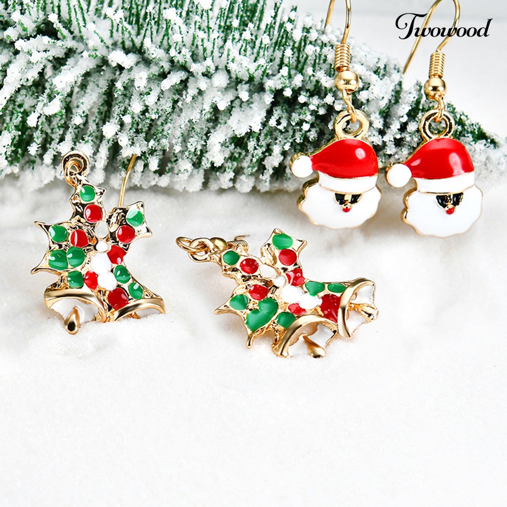 6 Pasang Anting Hook Desain Santa Claus Snowflake Jingle Bell Untuk Wanita