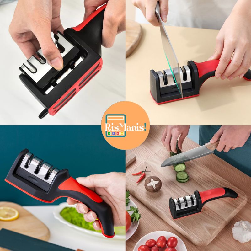 3 STAGES KNIFE SHARPENER - Alat Pengasah Mata Pisau Tajam Instan 3 Tahap Asahan Penajam Gunting Dapur 3 in 1 Pegangan Statis Asah Stainless Steel Anti Karat Power Gripper Anti Slip