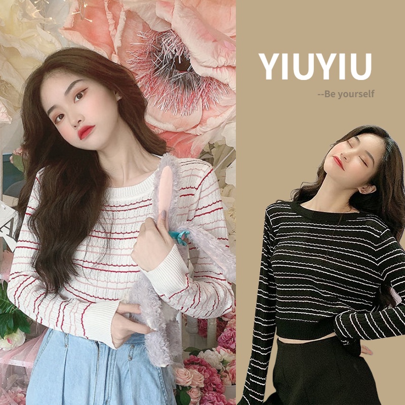 YIU YIU Rajut - Kaos Wanita Crewneck Rajut Lengan Panjang Terbaru Korean Crop Casual Top