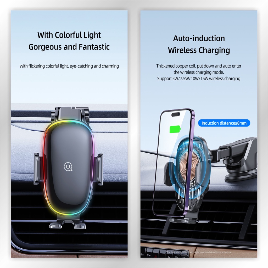 USAMS CD187 Car Holder Wireless Fast Charging 15W With Colorful Light