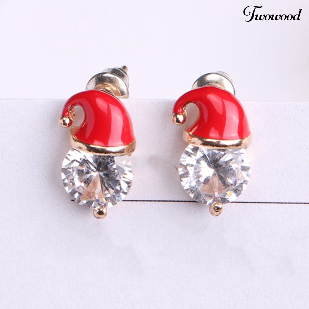 Anting Stud Desain Topi Natal Aksen Berlian Imitasi Bahan Alloy Untuk Wanita