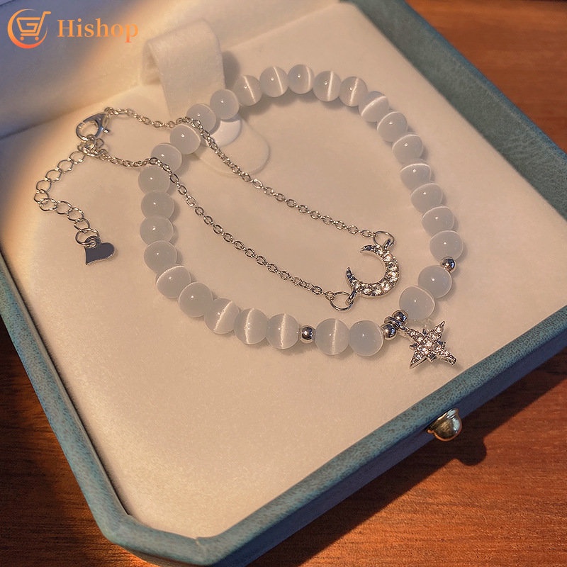 2pcs / set Gelang Manik-Manik Opal Kristal Bulan Bintang Lapisan Ganda Gaya Korea Untuk Wanita