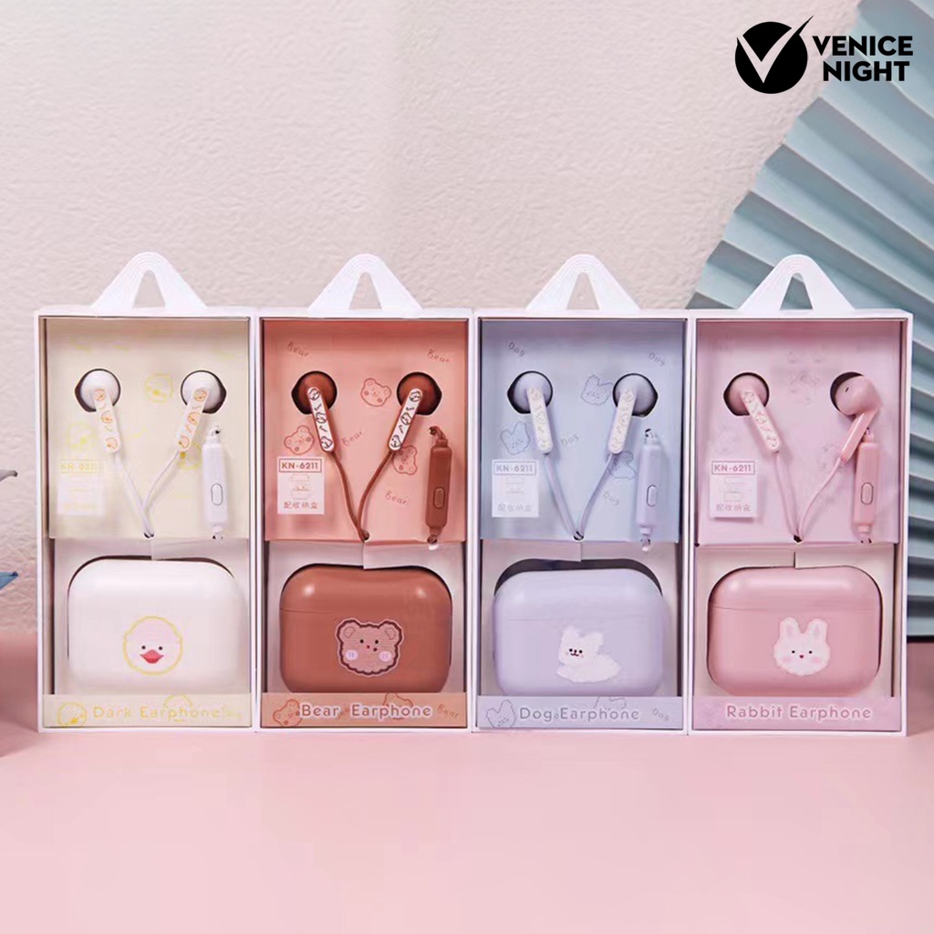 (VNEP) (Berkabel) Earbud High Fidelity Sensitif Univeral Kartun Lucu 3.5mm In-ear Earbud dengan Tempat Penyimpanan untuk Merekam Lagu