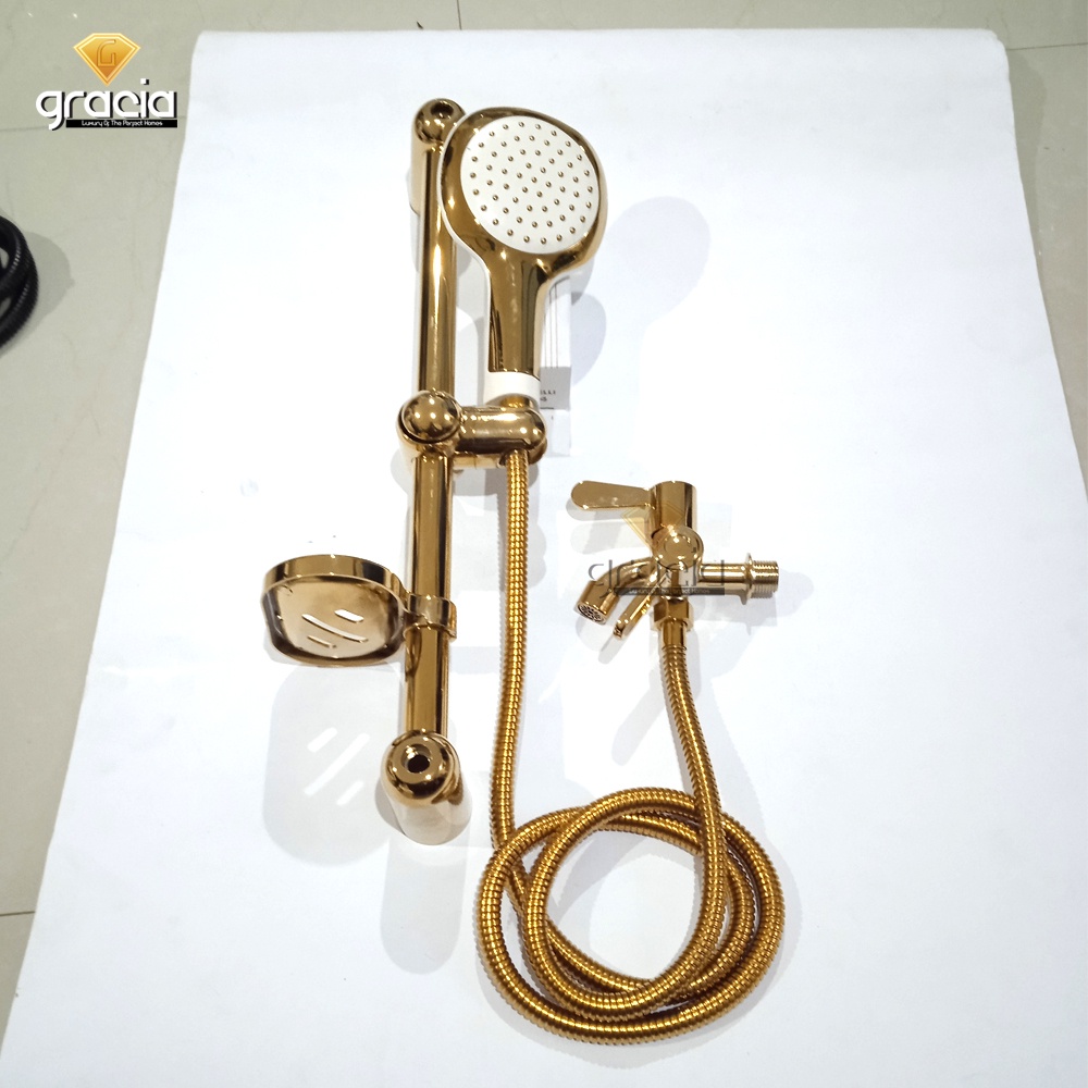 Paket shower tiang stainless Gold / Shower Besar 5inch Tekanan Air Kencang + kran cabang PROMO TERMURAH