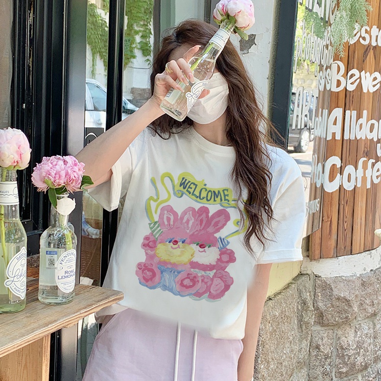 Print T-shirt Kaos Lengan Pendek Wanita Pink Bear Oversize Korean Style