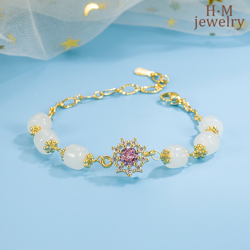 Gelang Tangan Hetian Retro Elegan Hias Zircon AAA Warna Pink Untuk Wanita 2022