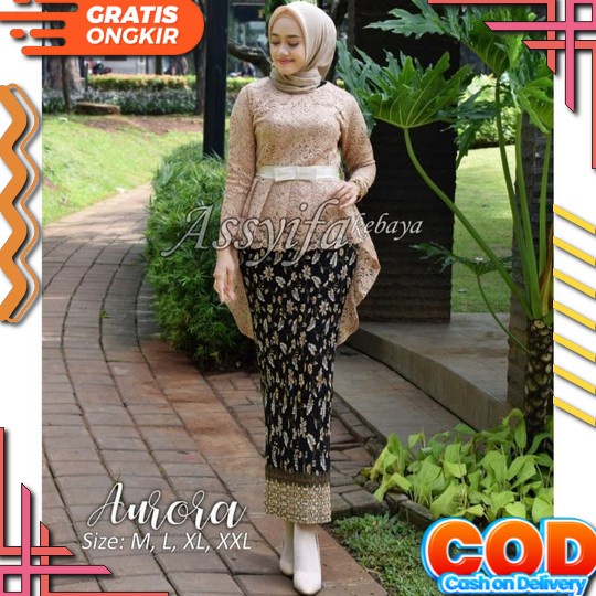 Kebaya Modern Setelan Wanita Hijab Style Modis Brokat Aurora Coklat Atasan Saja M2E8 Terlaris Fashio