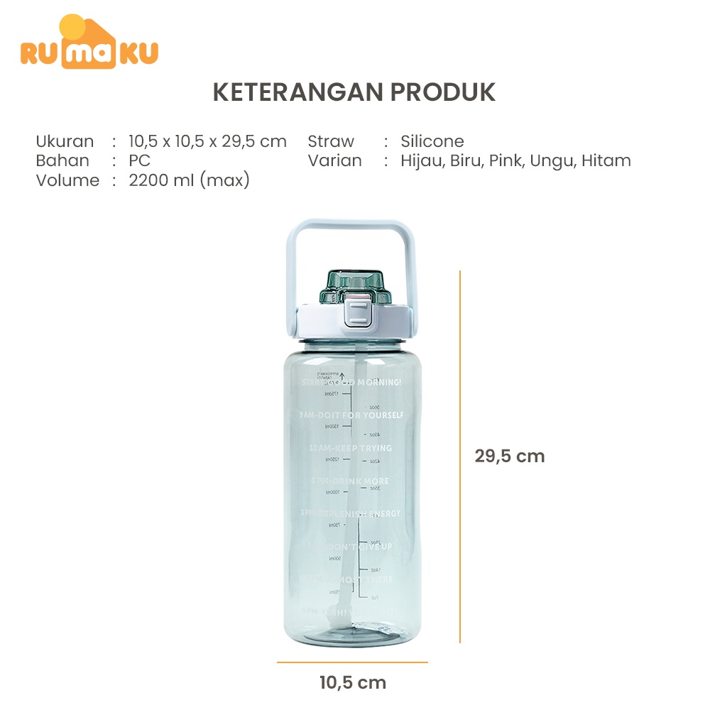 Rumaku Botol Minum Motivasi 2 Liter Bening BPA FREE Gratis Stiker