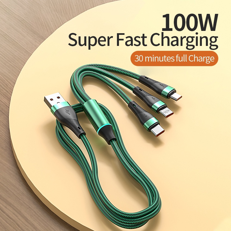 100w 3in1 Kabel Data / Charger USB Tipe C / Micro USB / Tipe-C / Lightning / Lightning / Lightning 6A / Iphone 14 / 13 / 12 Bahan Nilon Braided