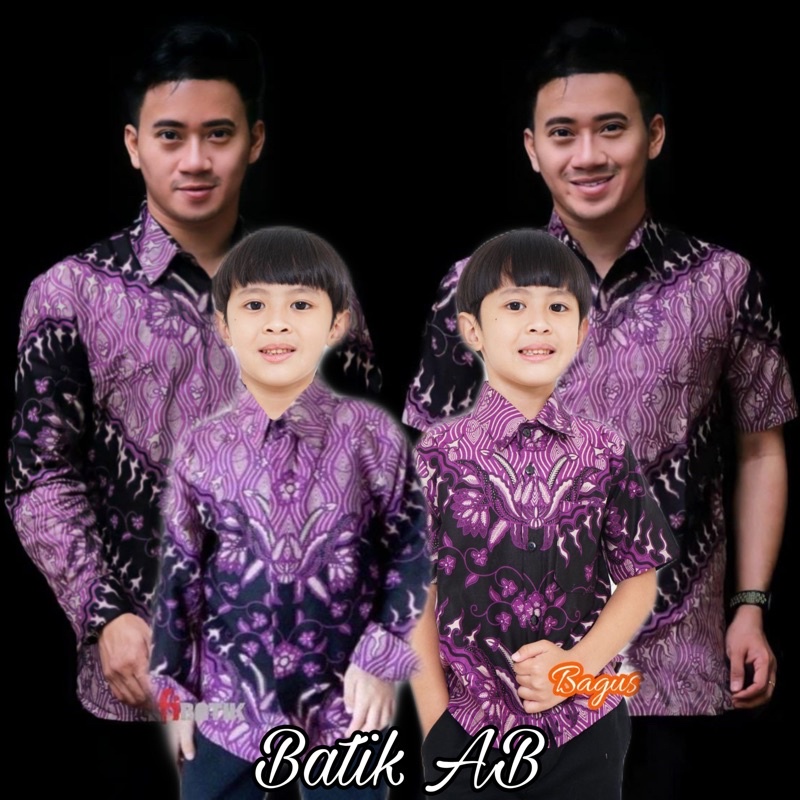 TERBARU KEMEJA BATIK COUPLE AYAH &amp; ANAK COWOK MOTIF KERIS UNGU UKURAN M L XL XXL