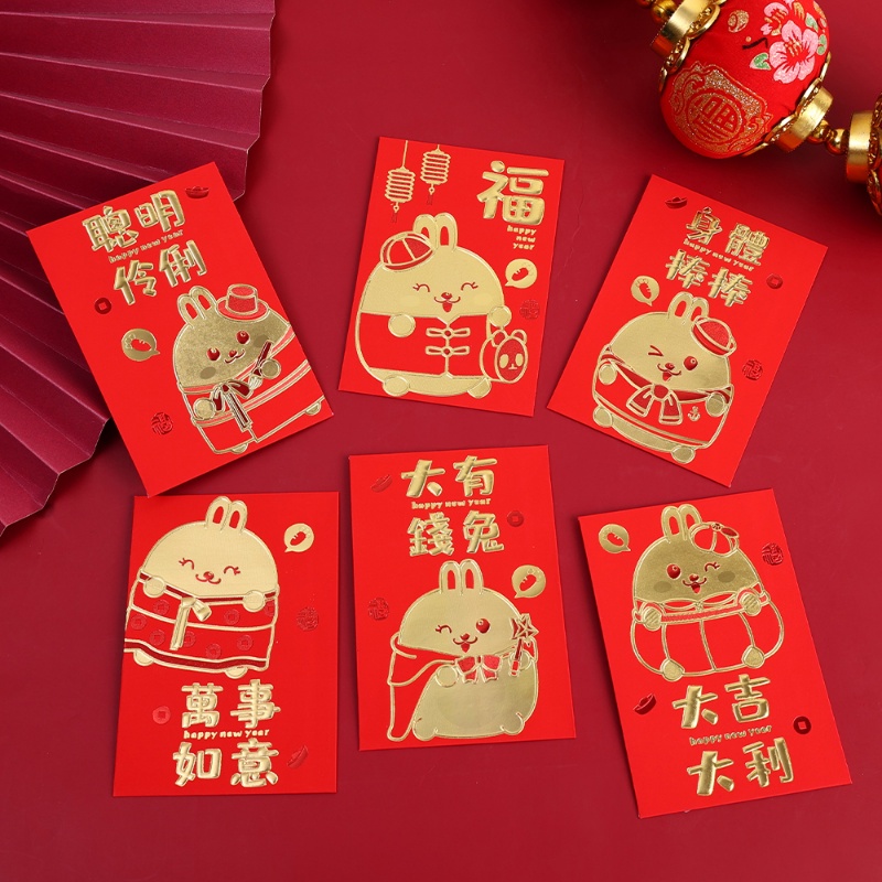 6pcs / Set Amplop Angpao Motif Kartun Kelinci Warna Merah Untuk Tahun Baru Cina / Imlek