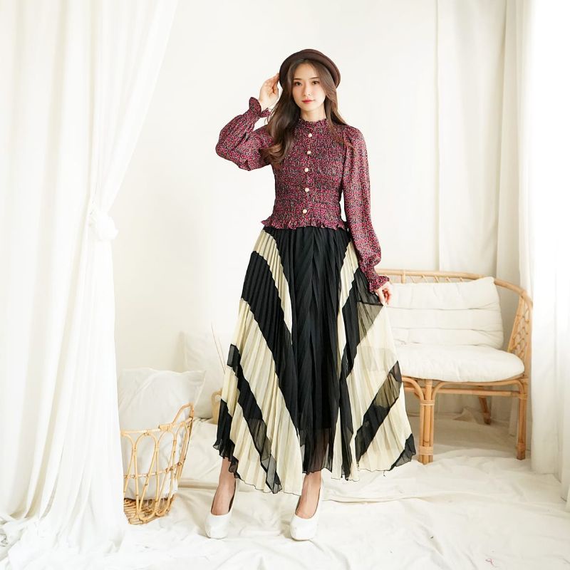 A 1584 Fashion Bawahan rok Maxi panjang motif asimetris model payung hitam kuning rantai fuchsia sud