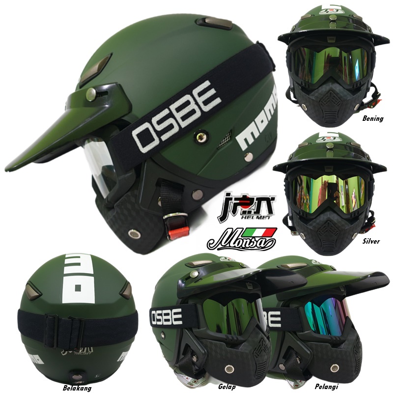 Helm Dewasa Retro Klasik JPN MOMO Vintage Hijau Green Army Doff Gogglemask Masker OSBE / Goggle Mask
