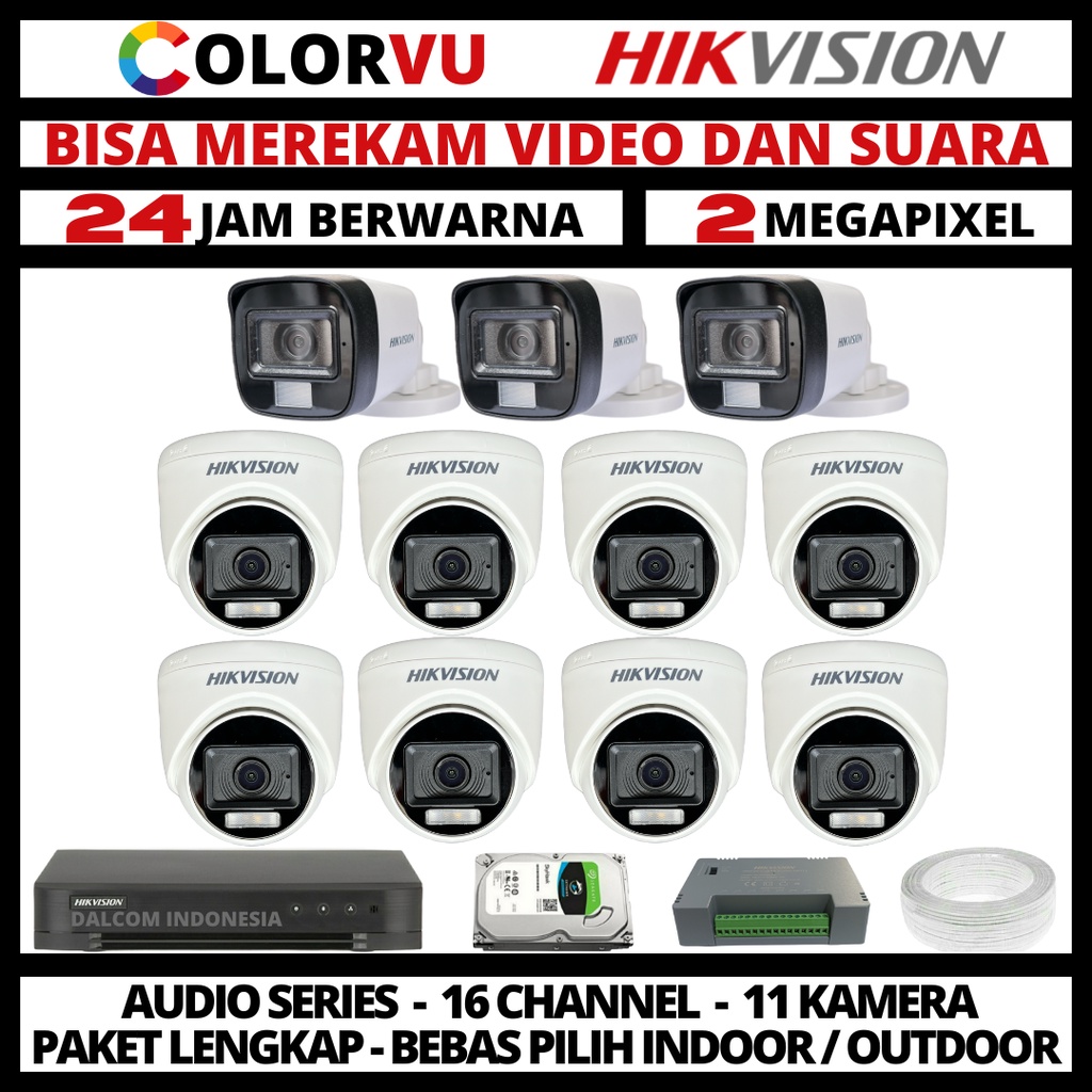 PAKET CCTV HIKVISION COLORVU 2MP 16 CHANNEL 11 KAMERA COLORFUL