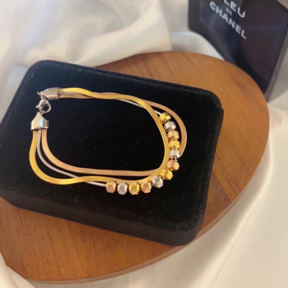 Gelang Titanium 3Rantai Biji Bola Kombinasi Perhiasan Wanita Jewelry 155