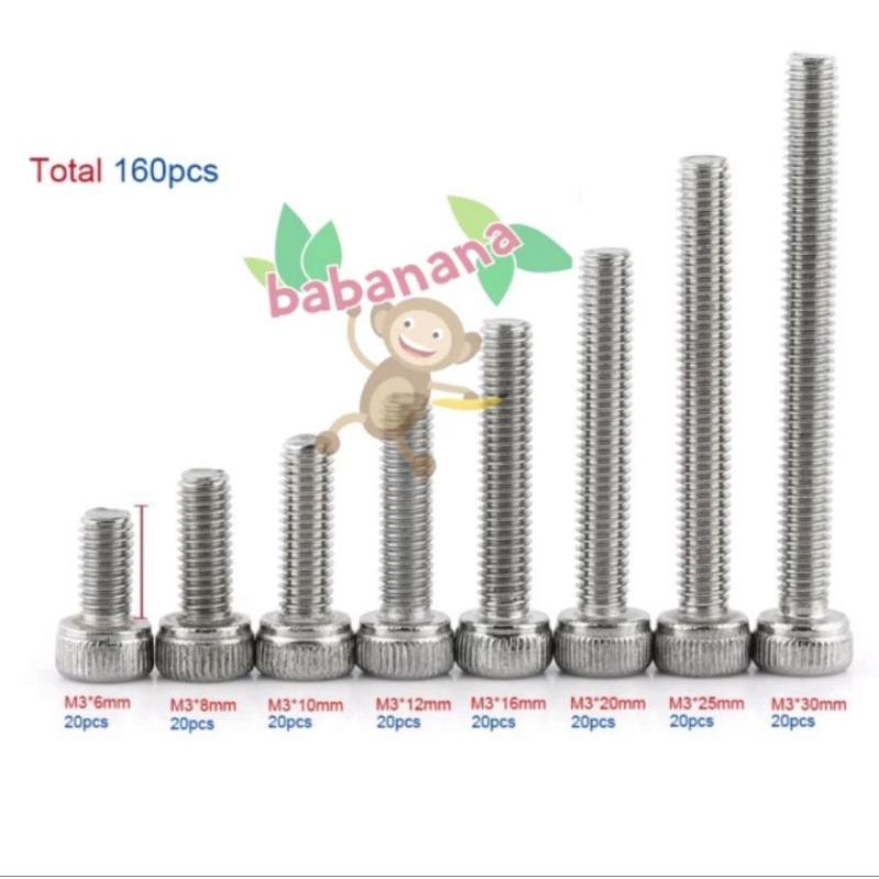 160pcs M3 hex screw cap head baut sekrup stainless besi set kit