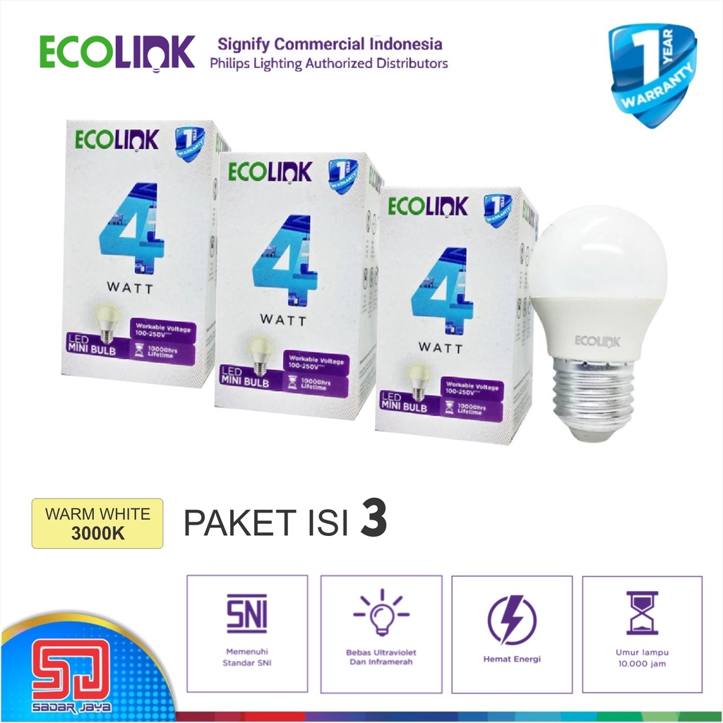 Paket 3pcs ECOLINK Lampu 4W LED 4Watt Mini Bulb Bohlam 4 Watt  - 3000K Warm White Kuning Cerah