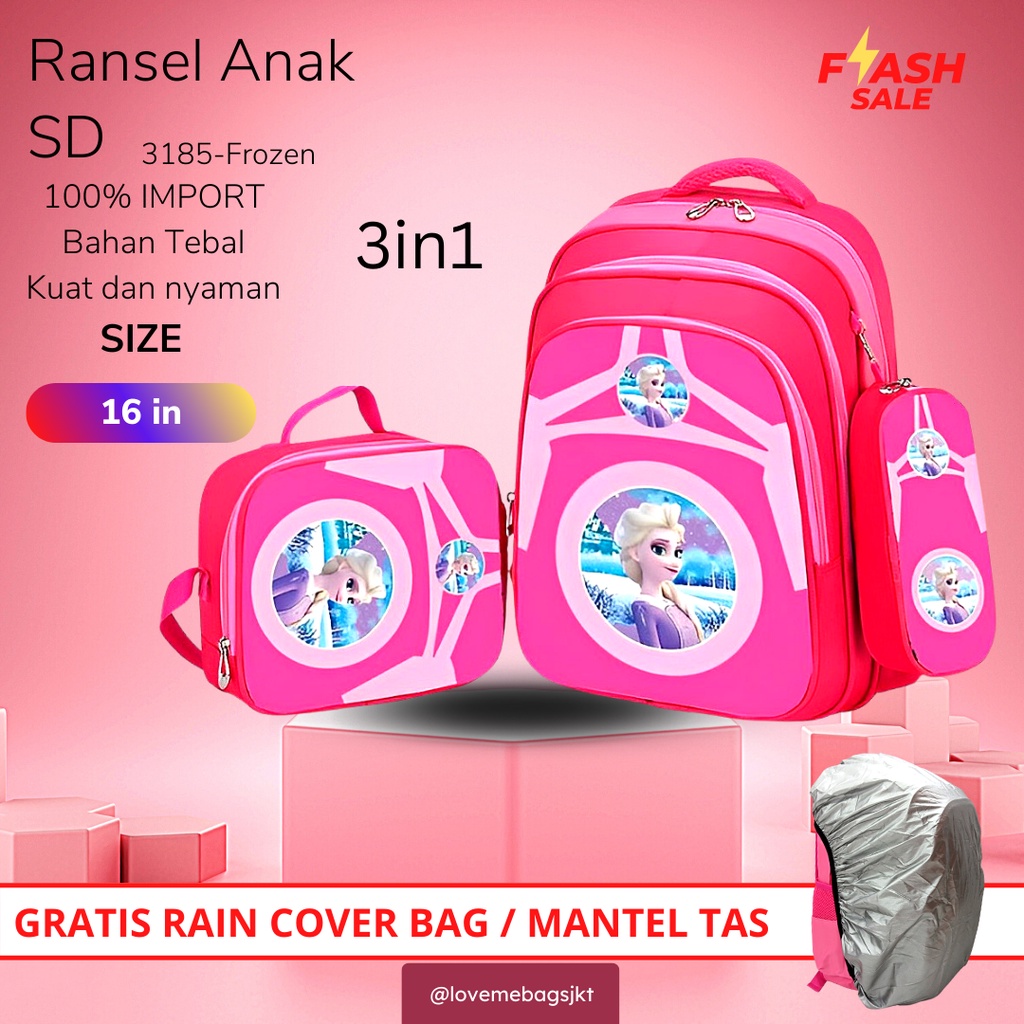 LMB Tas Anak Sekolah Perempuan SD Import Set 3 Bahan Nilon Premium Karakter Lucu Bagian Depan Timbul 6D Tebal dan Kuat