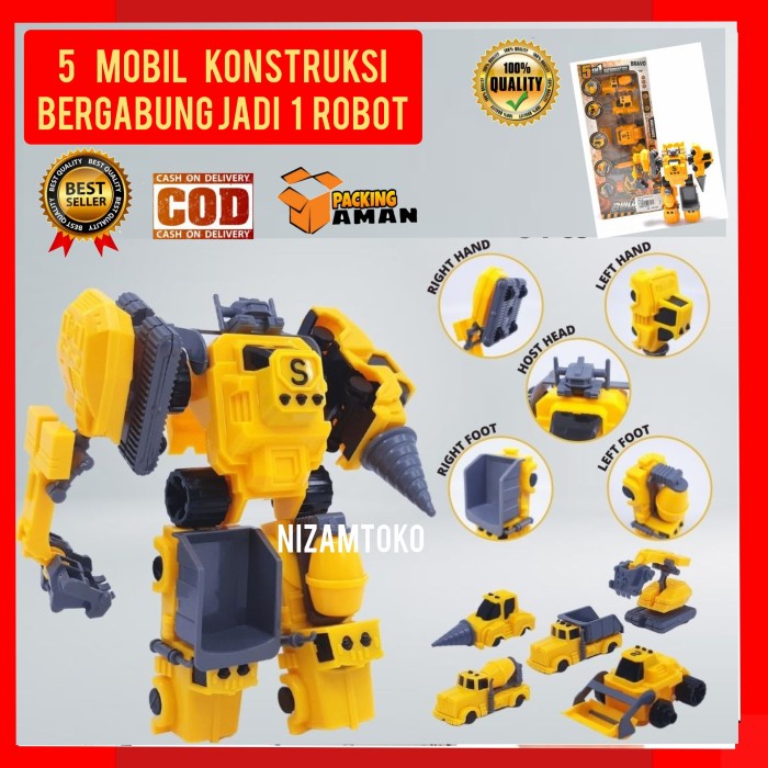Mainan anak edukasi bongkar pasang robot gabungan 5 mobil jad