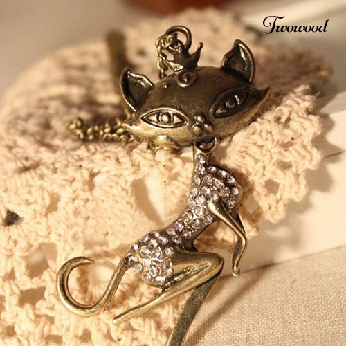 Kalung Rantai Dengan Liontin Bentuk Kucing Aksen Berlian Imitasi Gaya Vintage Untuk Wanita