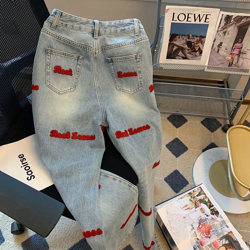 Suhao Amerika INS Retro High Street Surat Bordir Jeans Wanita Tide Merek Rasa Desain Longgar Lurus Lebar Kaki Mengepel celana