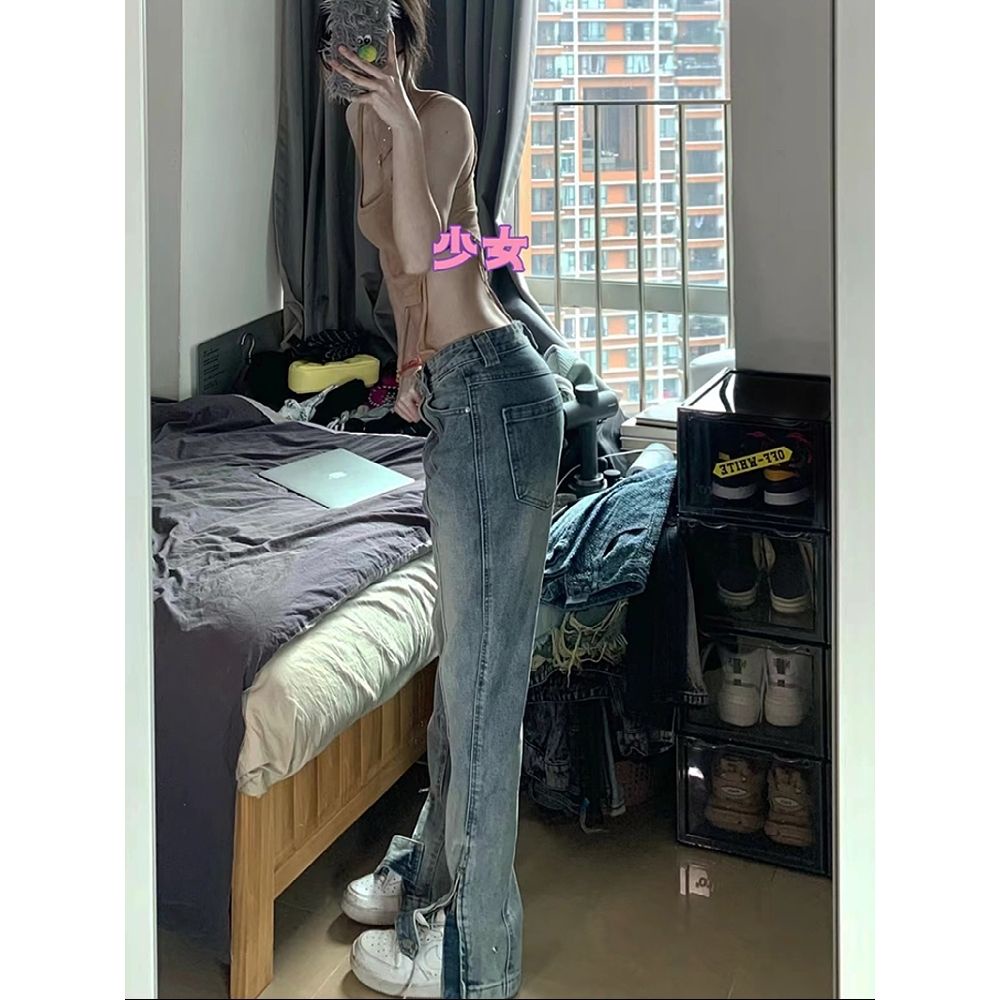 Suhao design sense slit split pants leg adjustment jeans pria dan wanita high street vibe style straight tube slim micro flared trousers