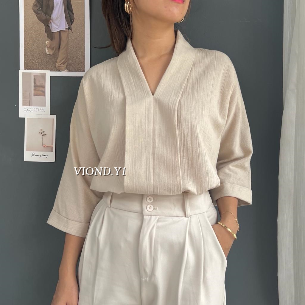 Blouse Korea V Neck Casual / Blouse Wanita Kringkel Linen E12