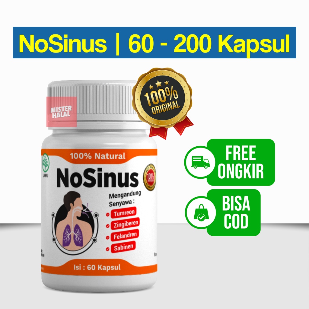 NOSINUS Obat Penyakit Sinusitis 100% Alami, Solusi Sinus, Nyeri Dada, Gangguan Pernapasan, Sakit Tenggorokan, Kapsul Herbal Gurah - Atasi Batuk Berdahak, Tidur Mendengkur / Ngorok