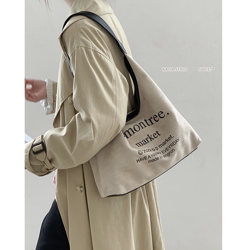 Suhao kulit rusa beludru tas ketiak wanita 2022 baru trendi fashion alfabet tote bag tekstur ceruk tas bahu kapasitas besar