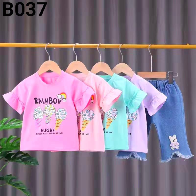 Setelan anak perempuan atasan jins cherry import 1-5 tahun/ Baju Setelan kaos celana Jeans cutbray anak cewek tanggung