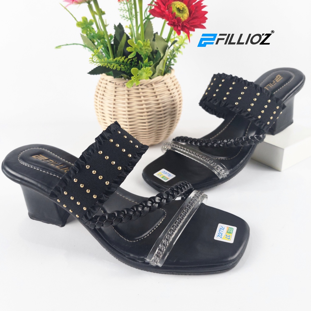 Sandal Heels Wanita 5cm Bling Party Elastis Fillioz 210 Hitam