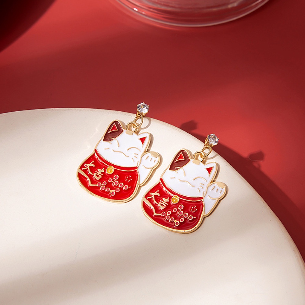 Anting Tusuk Gantung Wanita Bahan Sterling Silver 925 Desain Kucing Kartun Gaya Cina Untuk Hadiah