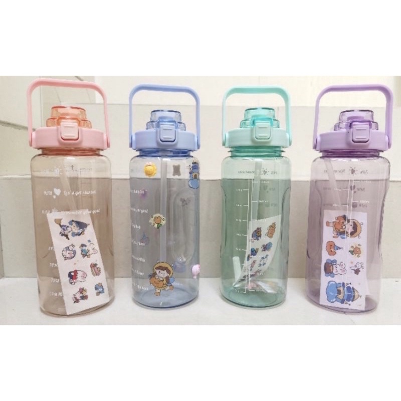 Botol Minum Viral Jumbo 2 LITER Motivasi Sticker 2D 3D Penanda waktu Tritan Quifit Handle BENING