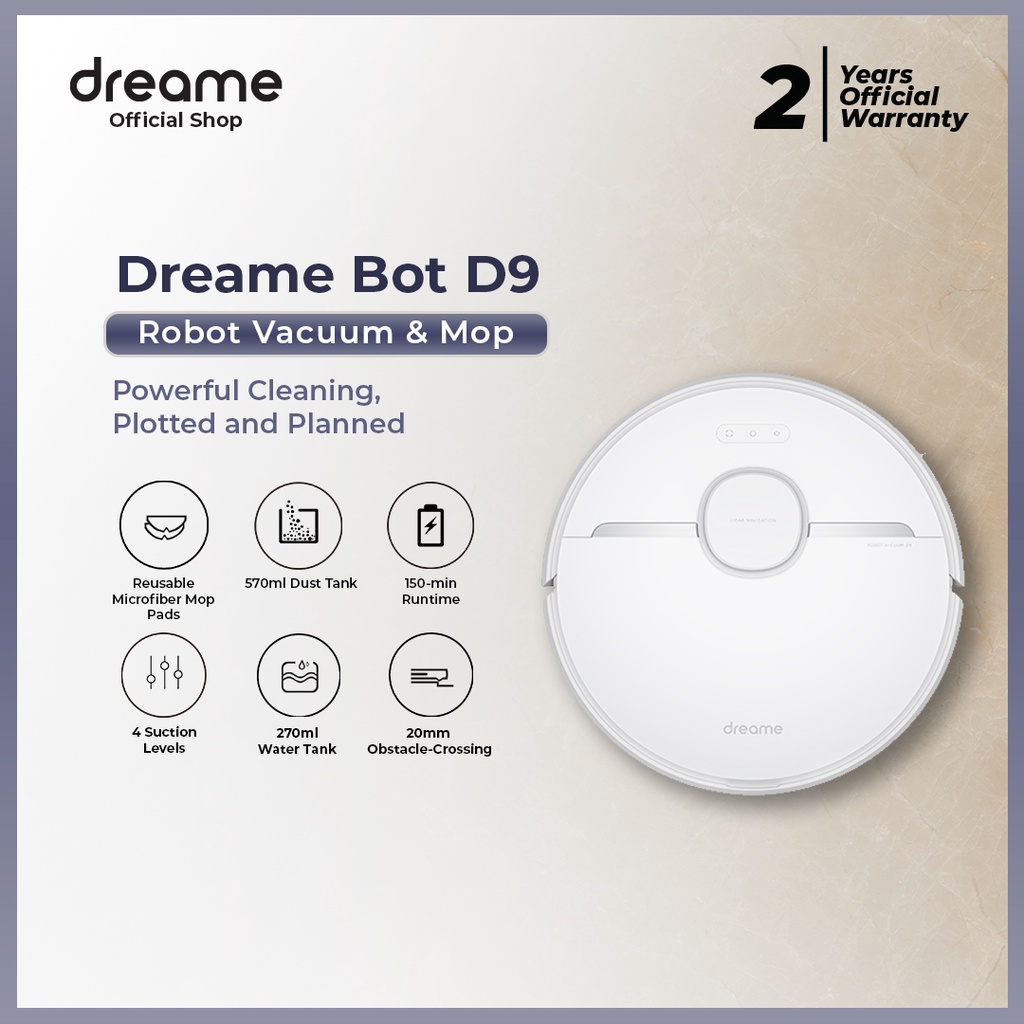 Dreame Bot D9 Robot Vacuum and Mop Smart 3000Pa Suction LDS VSLAM 270ml Water Tank Sapu dan pel